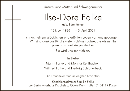 Todesanzeige von Ilse-Dore Falke von HNA