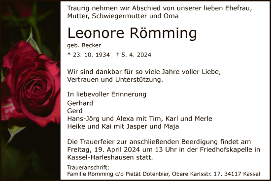 Todesanzeige von Leonore Römming von HNA