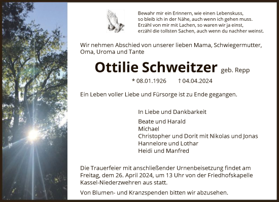 Todesanzeige von Ottilie Schweitzer von HNAHNA