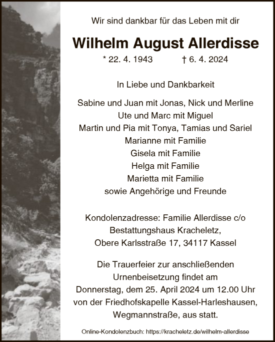 Todesanzeige von Wilhelm August Allerdisse von HNA