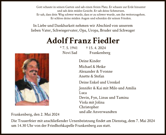 Todesanzeige von Adolf Franz Fiedler von HNA