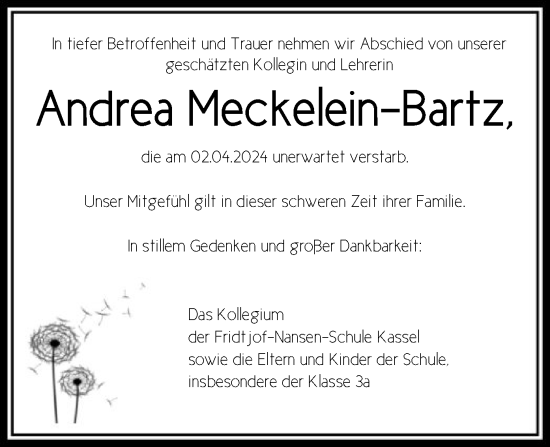 Todesanzeige von Andrea Meckelein-Bartz von HNA