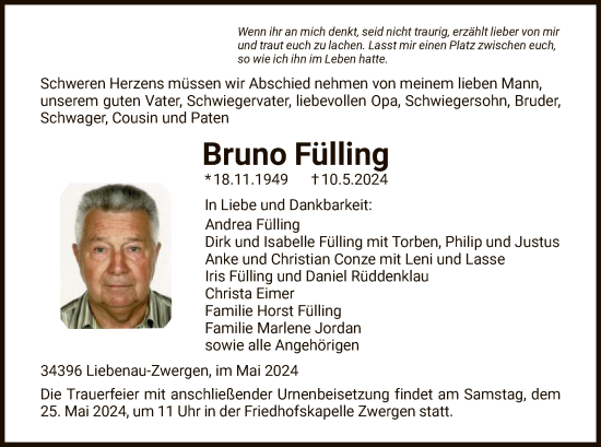 Todesanzeige von Bruno Fülling von HNA