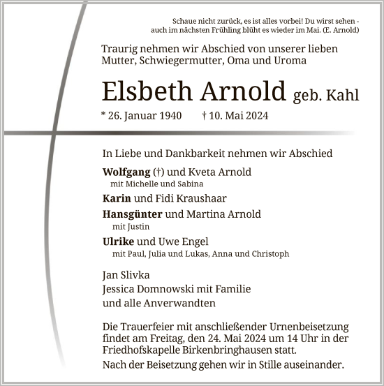 Todesanzeige von Elsbeth Arnold von HNAWLZ