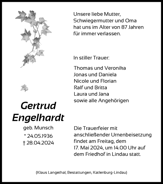 Todesanzeige von Gertrud Engelhardt von HNA