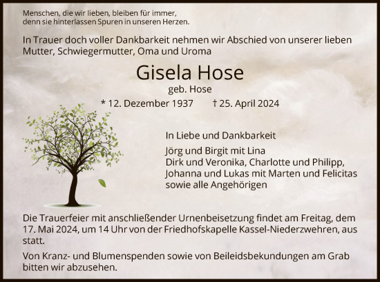 Todesanzeige von Gisela Hose von HNA