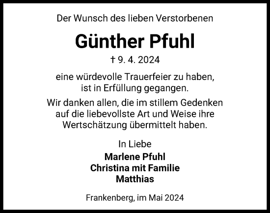 Todesanzeige von Günther Pfuhl von HNA
