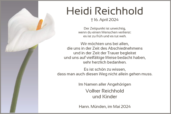 Todesanzeige von Heidi Reichhold von HNA