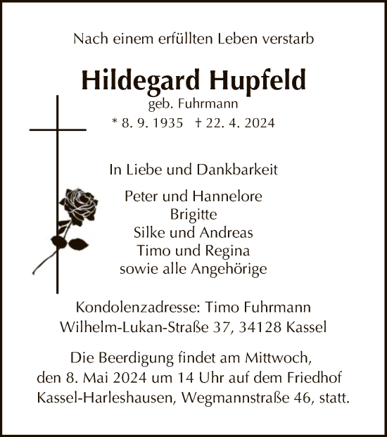 Todesanzeige von Hildegard Hupfeld von HNA