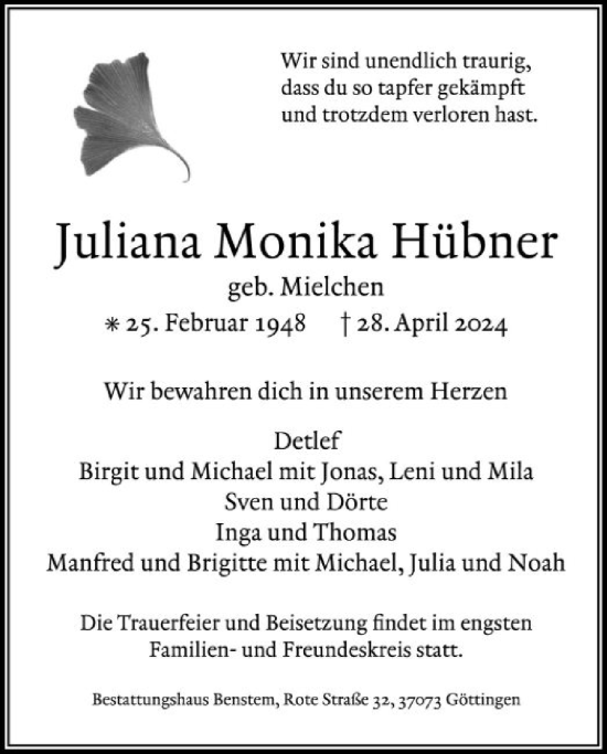 Todesanzeige von Juliana Monika Hübner von HNA
