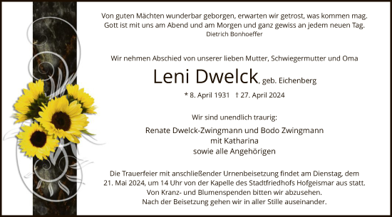 Todesanzeige von Leni Dwelck von HNA