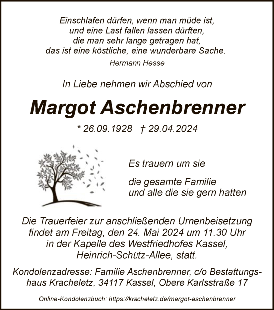 Todesanzeige von Margot Aschenbrenner von HNA