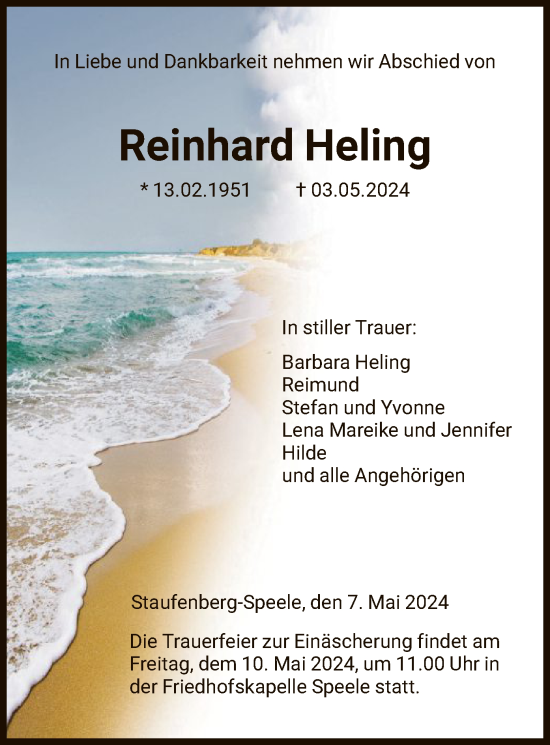 Todesanzeige von Reinhard Heling von HNA