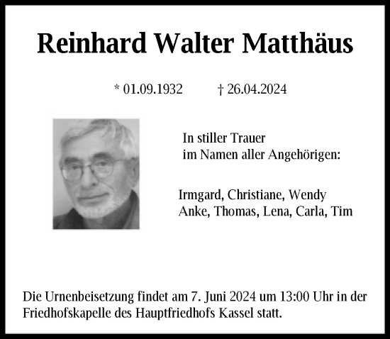 Todesanzeige von Reinhard Walter Matthäus von HNA