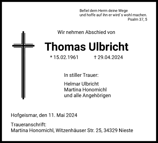 Todesanzeige von Thomas Ulbricht von HNA