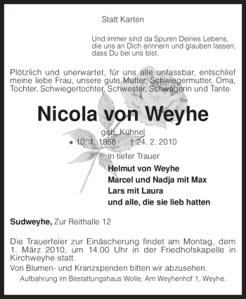 Todesanzeige von Nicola von Weyhe von KREISZEITUNG SYKE