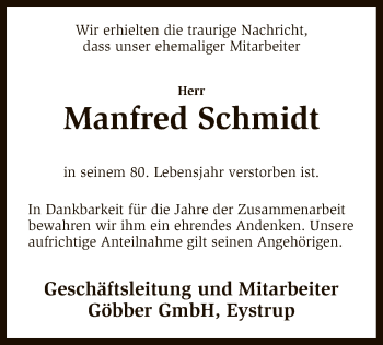 Todesanzeige von Manfred Schmidt von SYK