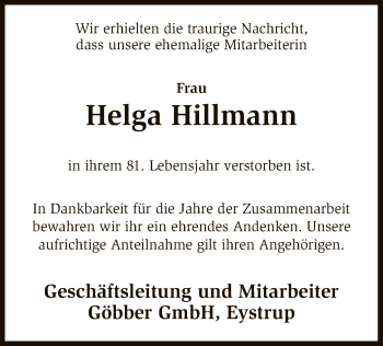 Todesanzeige von Helga Hillmann von SYK
