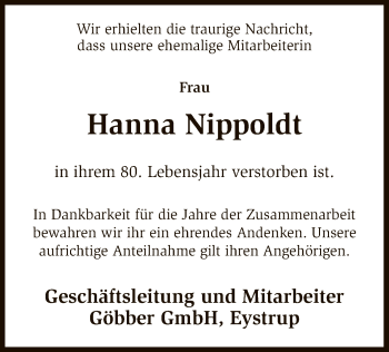 Todesanzeige von Hanna Nippoldt von SYK