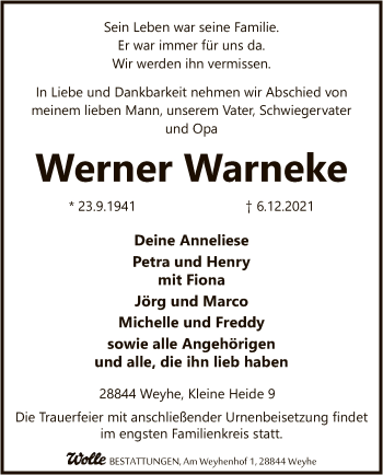 Todesanzeige von Werner Warneke von SYK