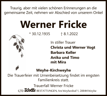 Todesanzeige von Werner Fricke von SYK