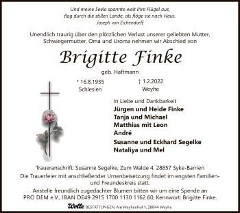 Todesanzeige von Brigitte Finke von SYK