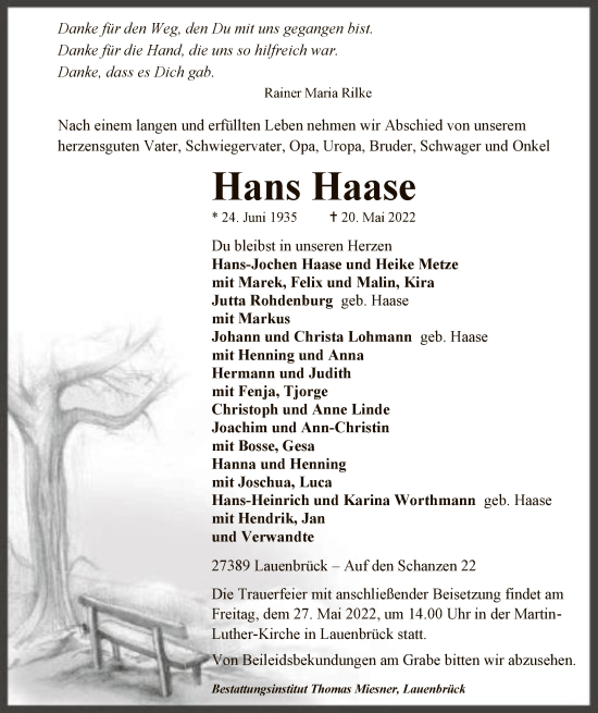 Todesanzeige von Hans Haase von SYK
