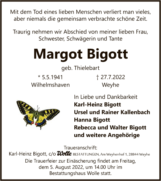 Todesanzeige von Margot Bigott von SYK