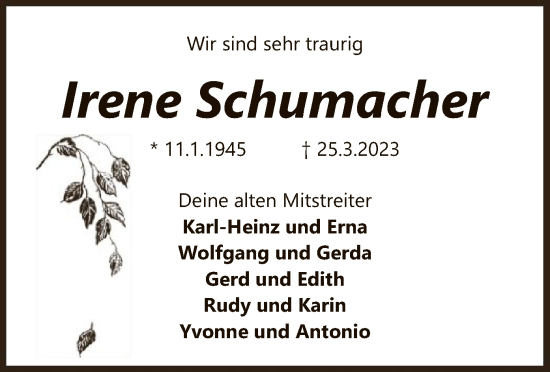 Todesanzeige von Irene Schumacher von SYK