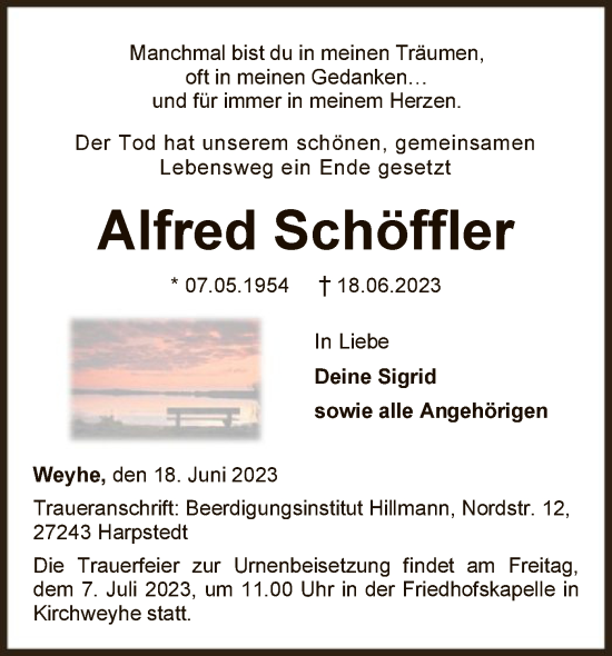 Todesanzeige von Alfred Schöffler von SYK