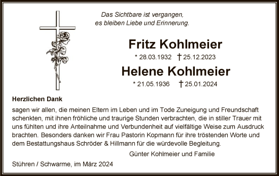 Todesanzeige von Fritz und Helene Kohlmeier von SYK