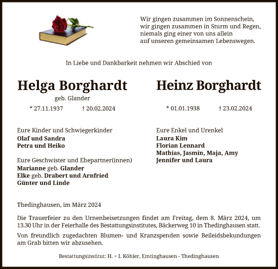 Todesanzeige von Helga und Heinz Borghardt von SYK