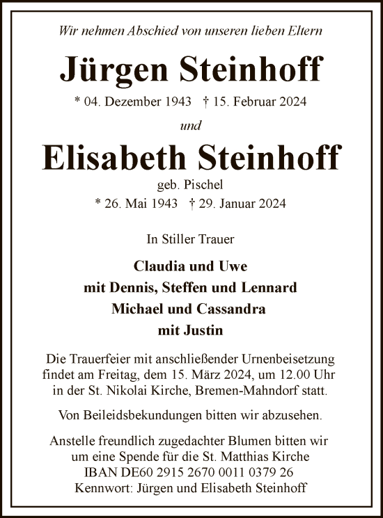 Todesanzeige von Jürgen und Elisabeth Steinhoff von SYK