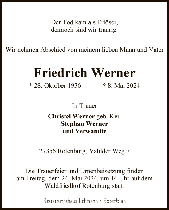 Todesanzeige von Friedrich Werner von SYK