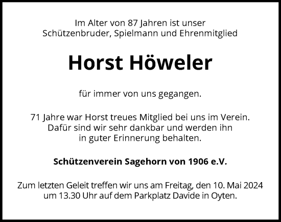 Todesanzeige von Horst Höweler von SYK
