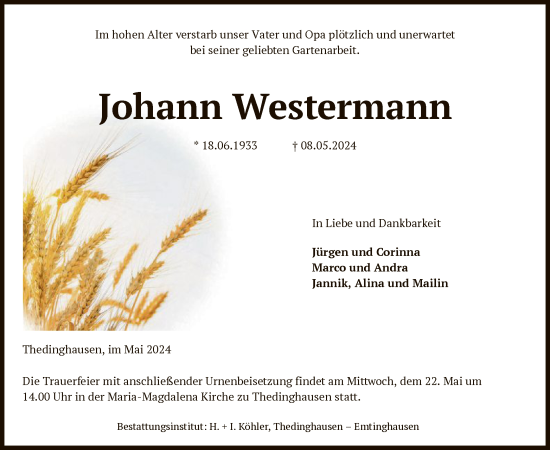 Todesanzeige von Johann Westermann von SYK