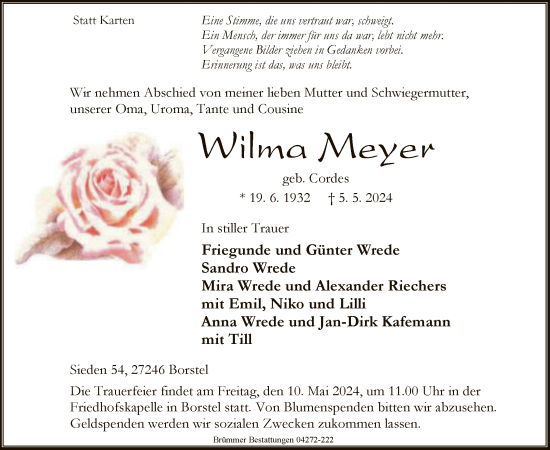 Todesanzeige von Wilma Meyer von SYK