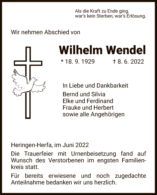 Todesanzeige von Wilhelm Wendel von HZ