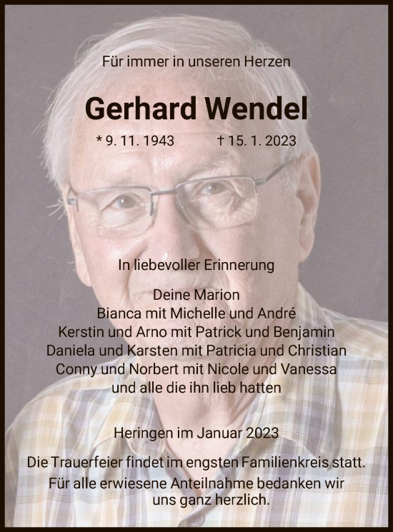 Todesanzeige von Gerhard Wendel von HZ