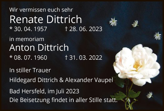 Todesanzeige von Renate und Anton Dittrich von HZ