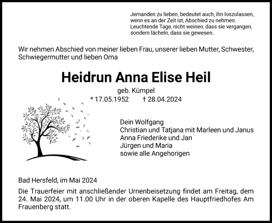 Todesanzeige von Heidrun Anna Elise Heil von HNAHZ