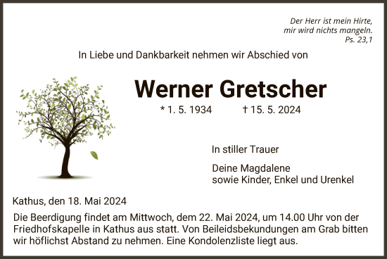 Todesanzeige von Werner Gretscher von HZ