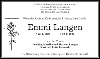 Todesanzeige von Emmi Langen von OFFENBACH-POST/HANAU-POST