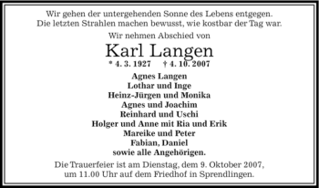 Todesanzeige von Karl Langen von OFFENBACH-POST/HANAU-POST