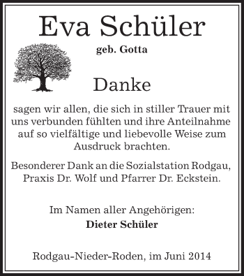 Todesanzeige von Eva Schüler von Offenbach
