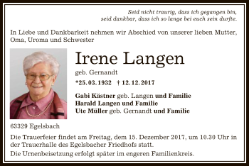 Todesanzeige von Irene Langen von Offenbach