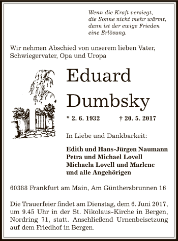 Todesanzeige von Eduard Dumbsky von Offenbach