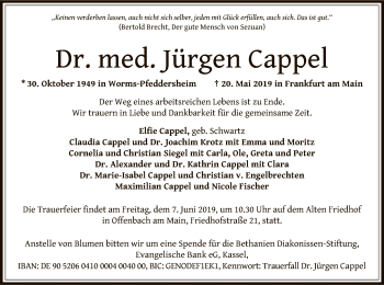 Todesanzeige von Jürgen Cappel von Offenbach