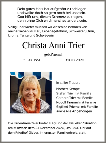 Todesanzeige von Christa Anni Trier von OF
