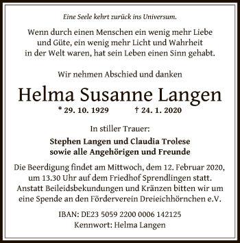 Todesanzeige von Helma Susanne Langen von Offenbach